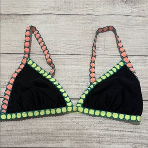 Xhiliration Black and Coral Triangle Bikini Top with Decorative Trim